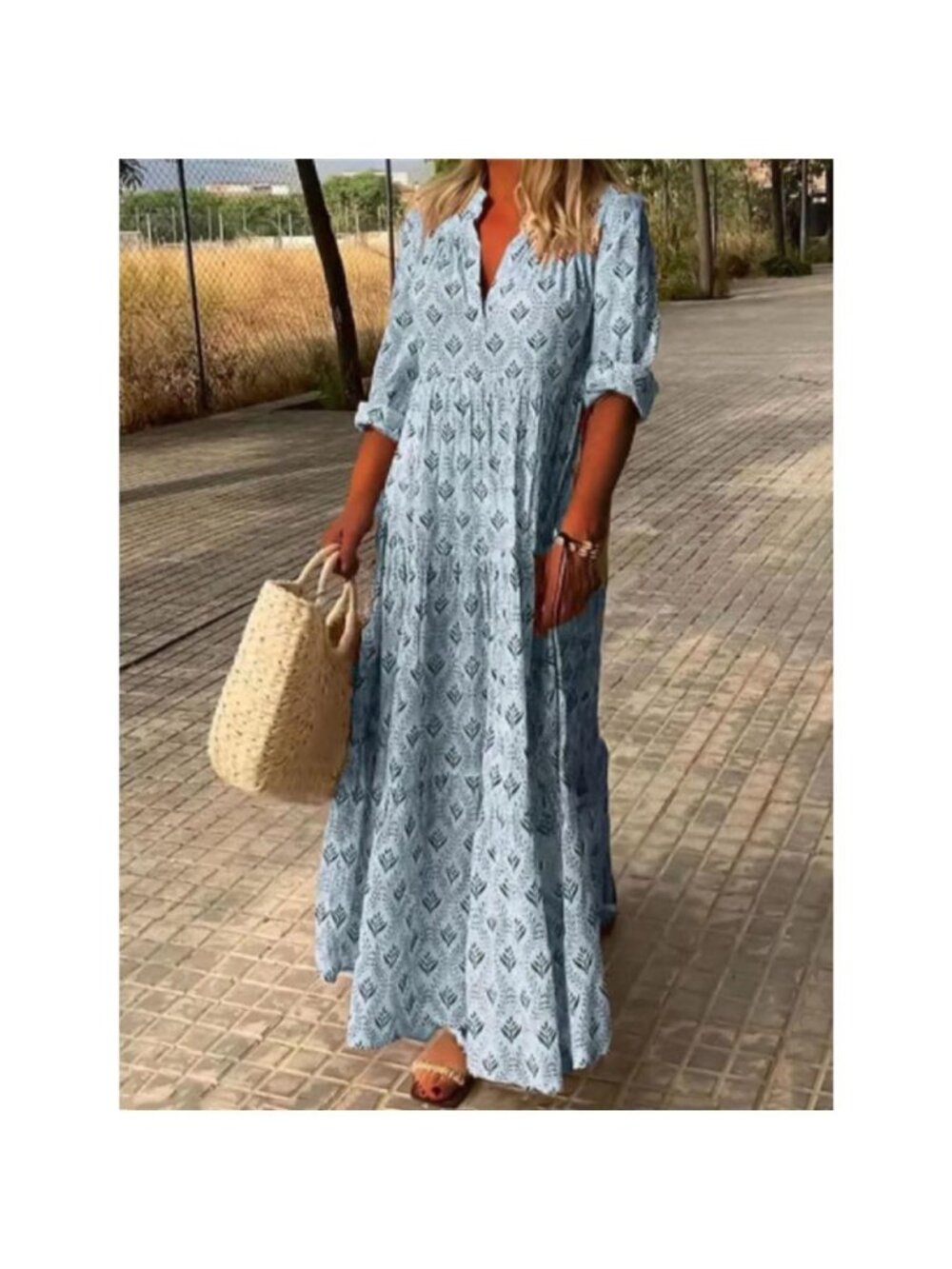 Full Size Printed Notched Tiered Maxi Dress Plus Size